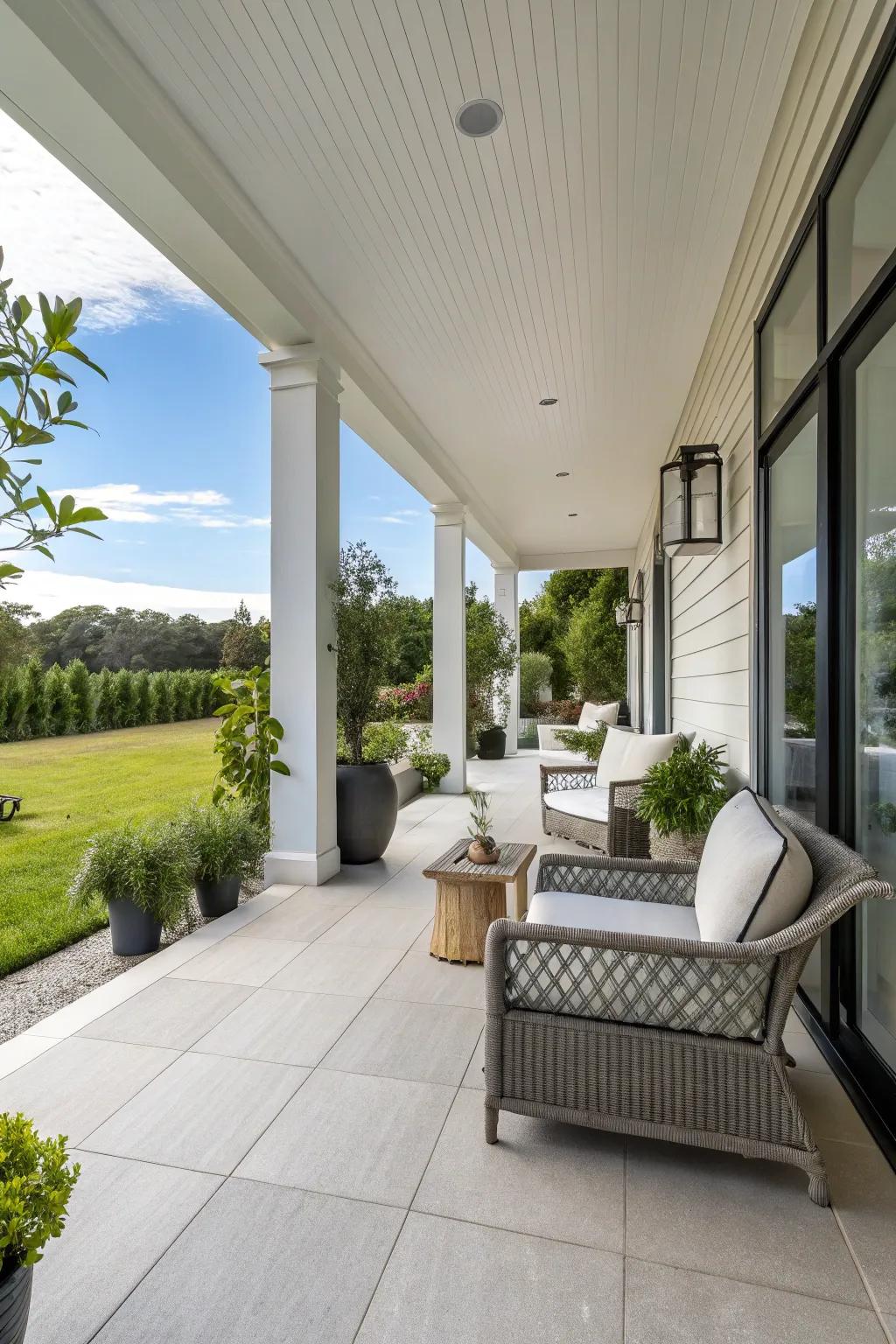 Simple decor brings elegance to this modern porch.
