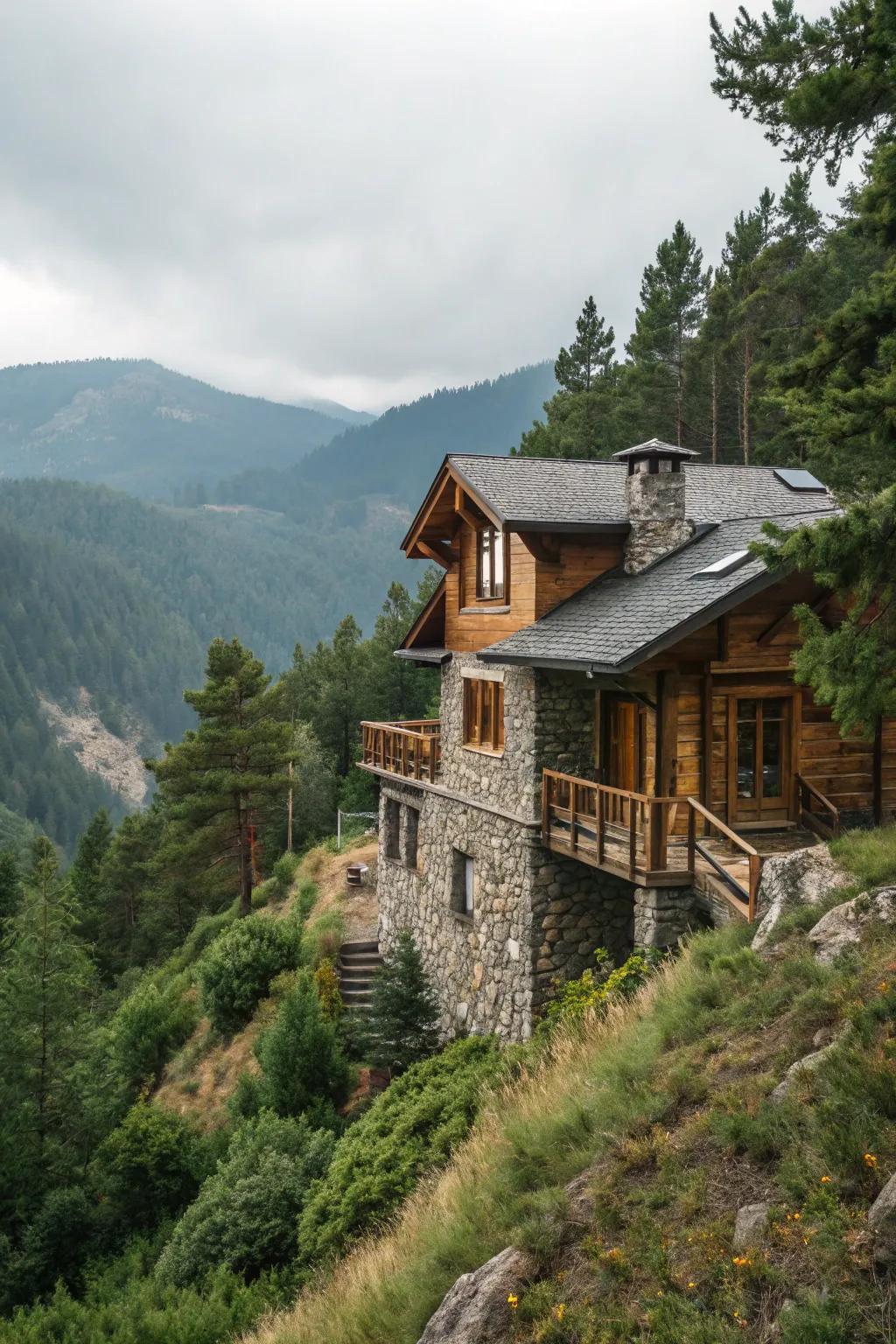 A house that blends with its natural surroundings utilizing wood and stone.