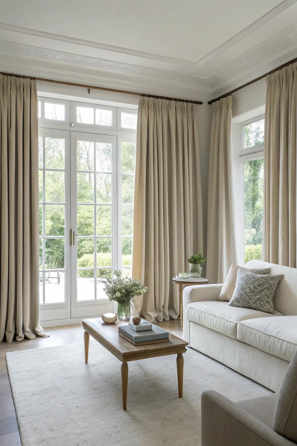 Synchronizing window dressings with the hues of walls cultivates a harmonious ambiance within the family area.