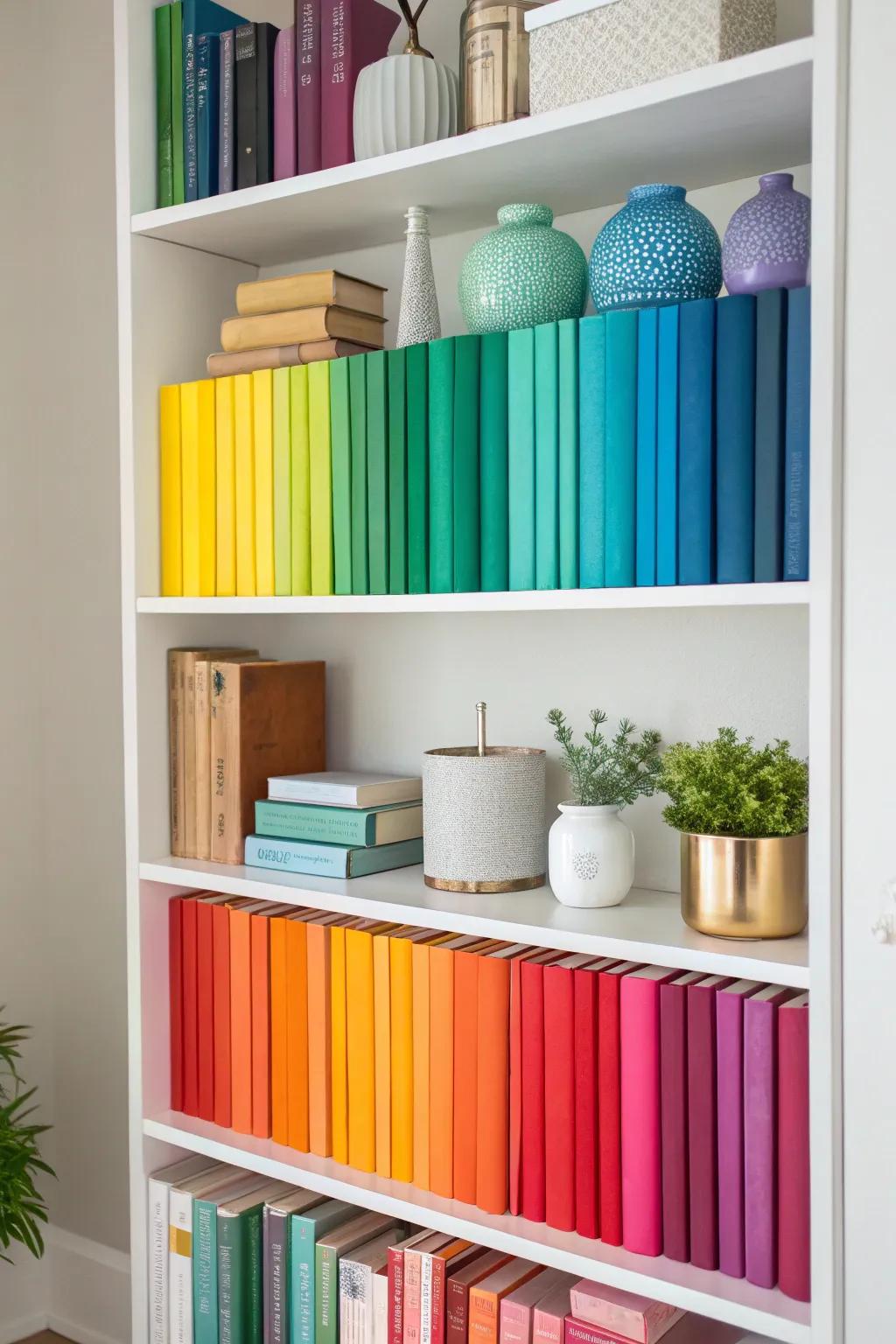 Bookshelf with coordinated hues, displaying harmonious aesthetic.