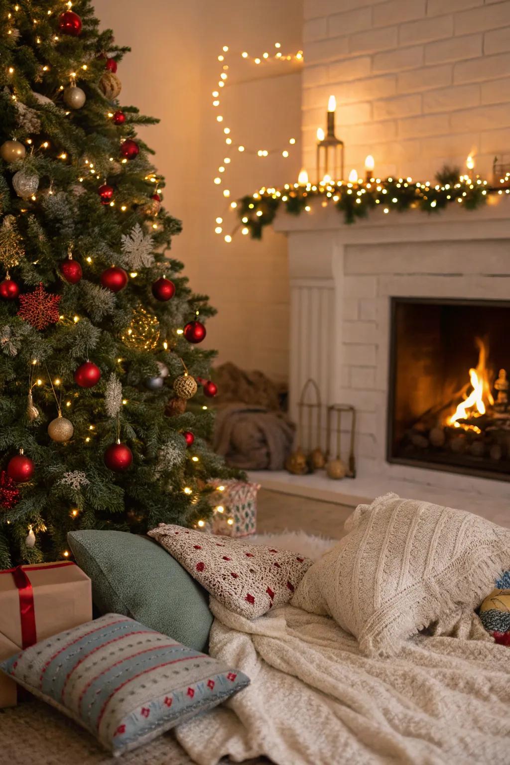 An inviting Christmas tree arrangement situated adjacent to a fire source, perfect for amicable holiday congregations.