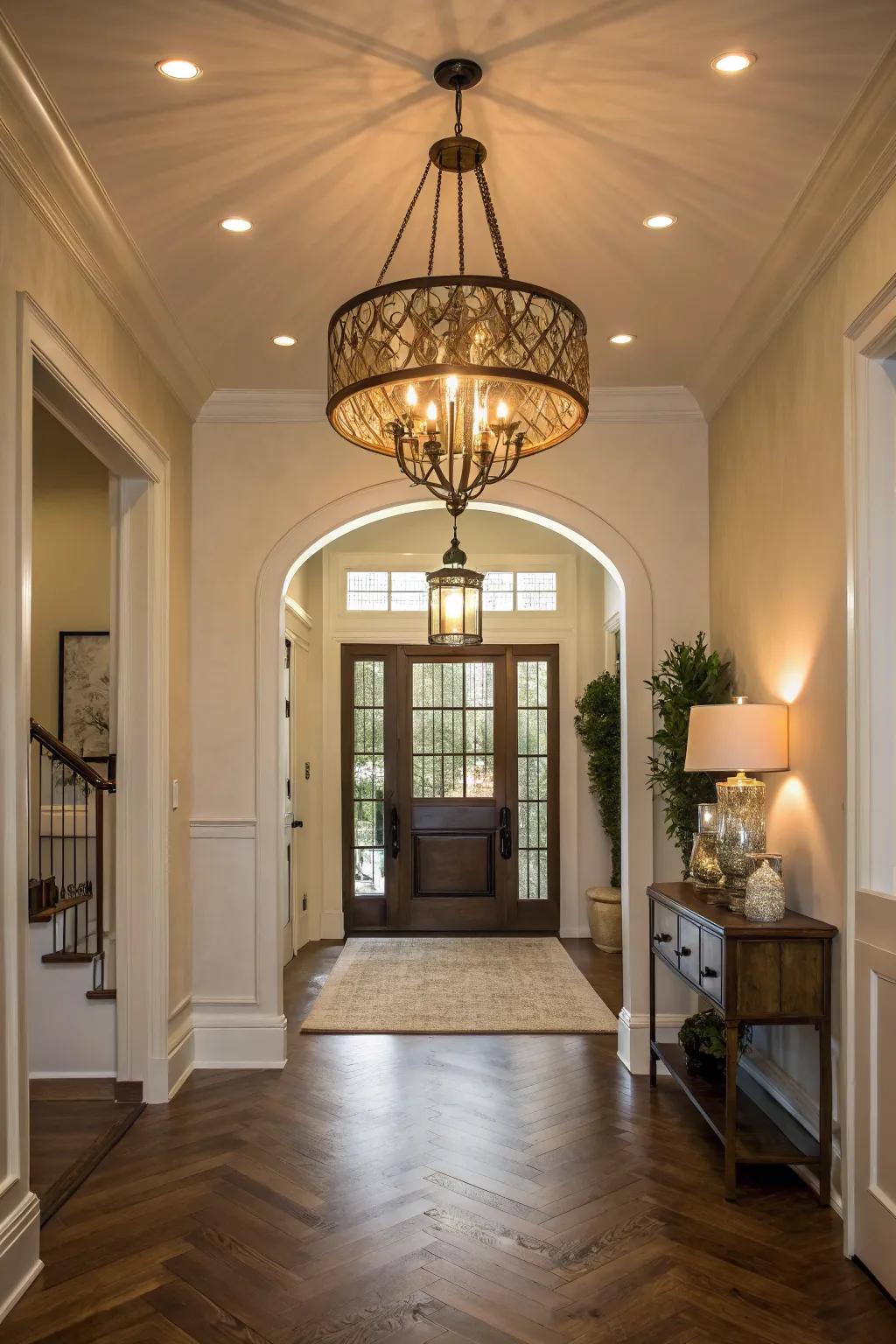 A significant illumination fixture enhances the mood of the entrance.