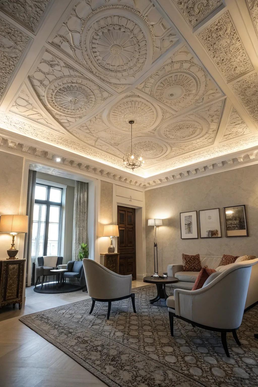 A stylish room showcasing a beautifully textured plaster ceiling.