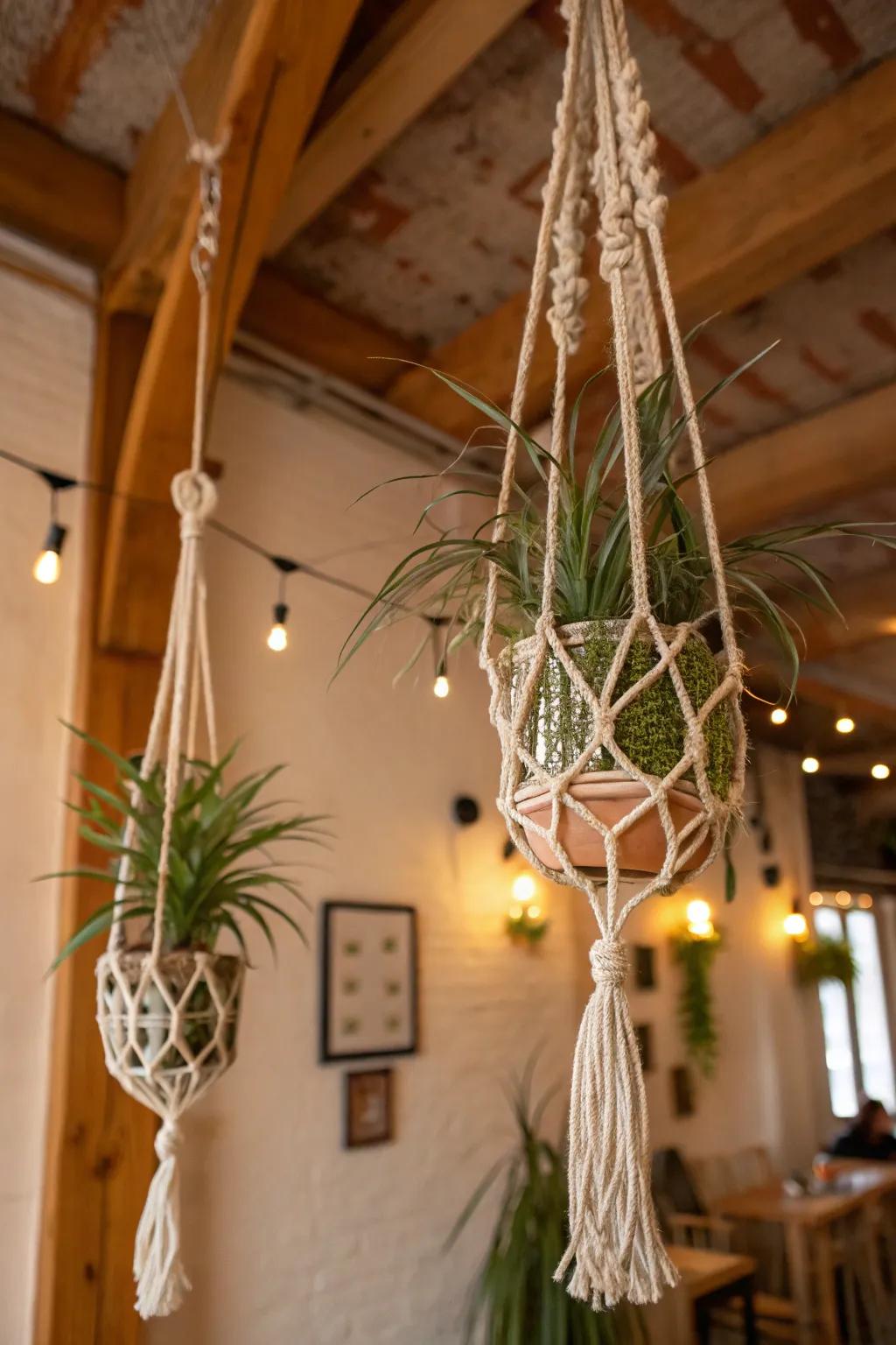 Macramé hangers displaying air plants for a bohemian flair.