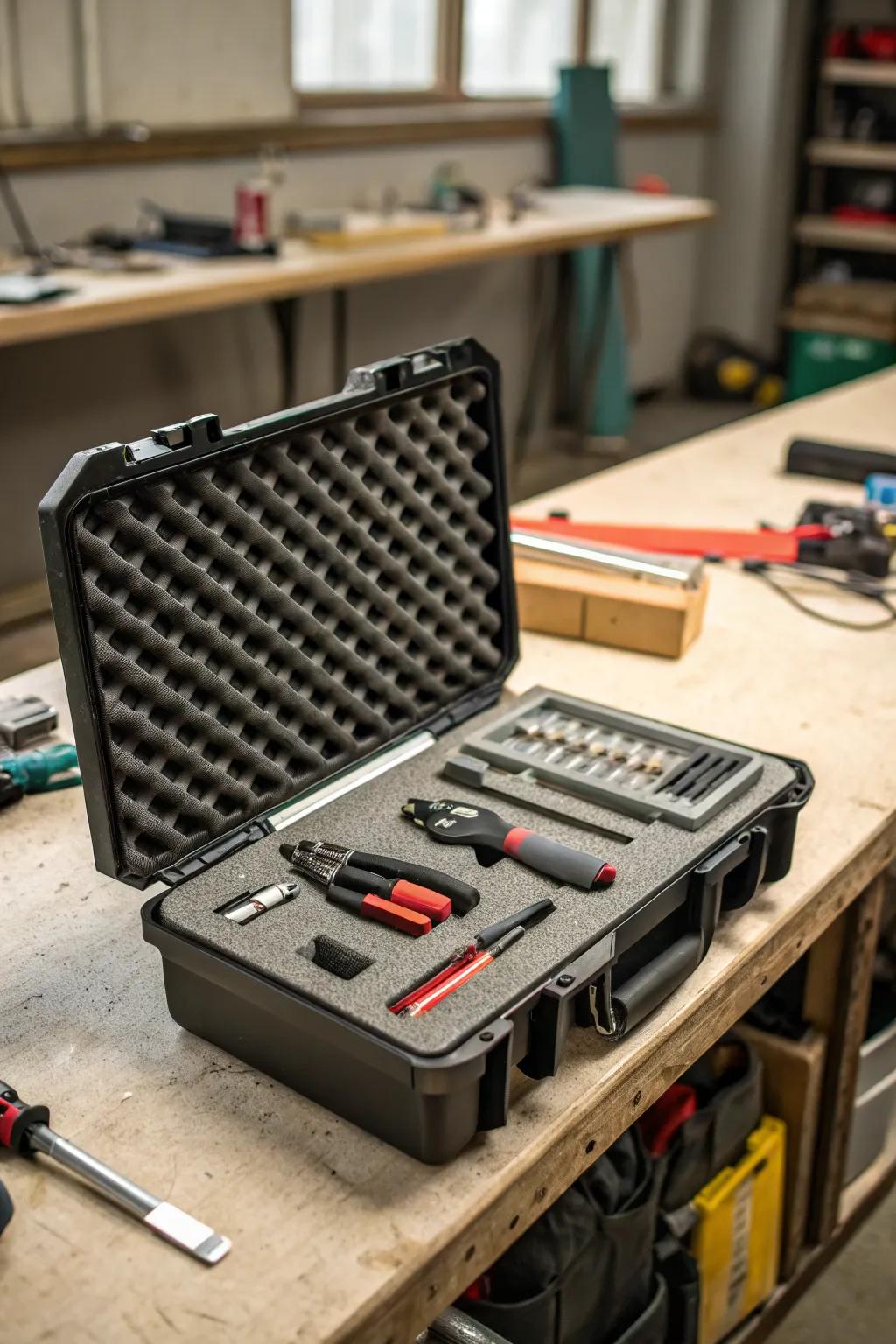 Custom inserts ensure a tight fit for all tools.
