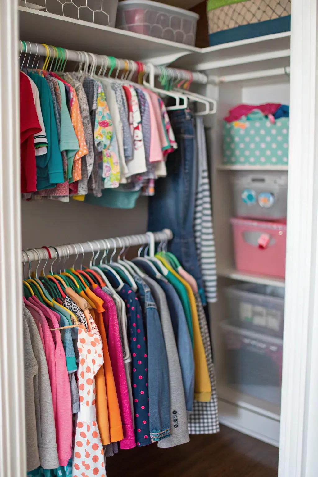 Making use of all vertical space in a child's closet.