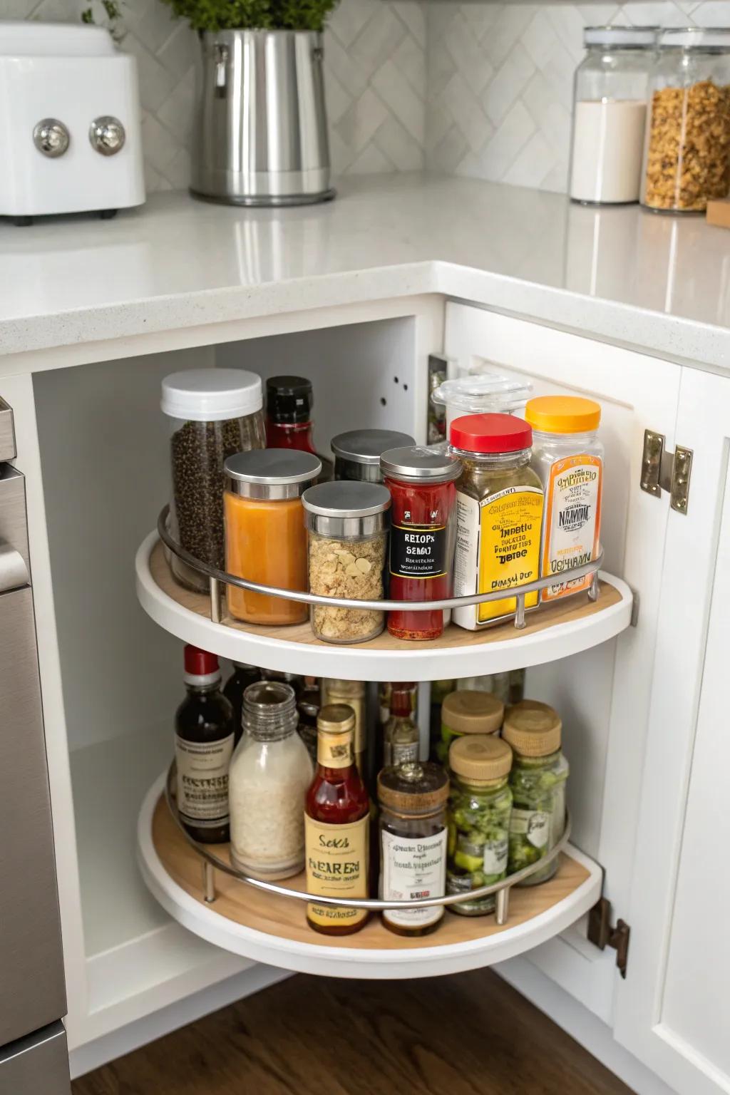 A spinning tray increases accessibility in deep cabinets.