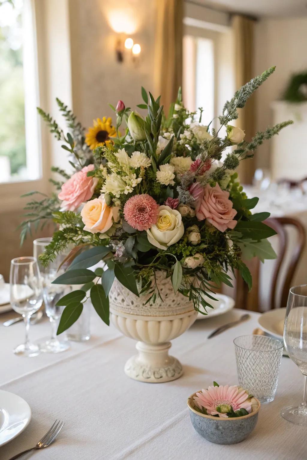 A textured arrangement integrating blossoms and lush verdure.