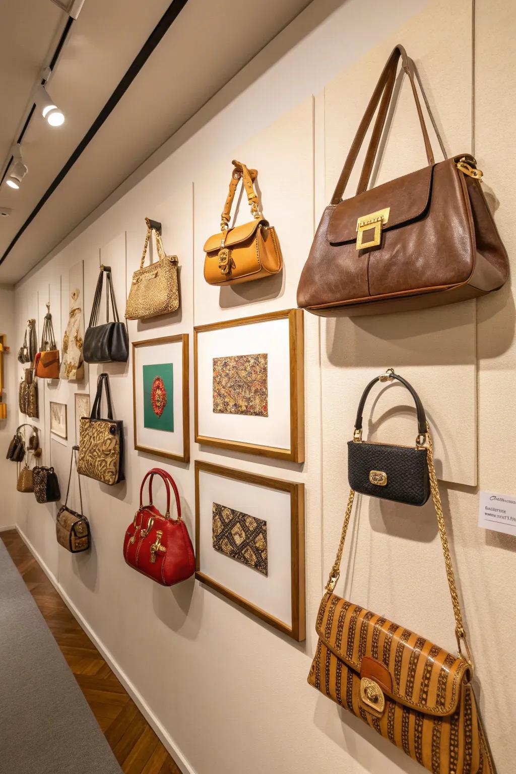 A creative gallery wall featuring purses as stylish art pieces.