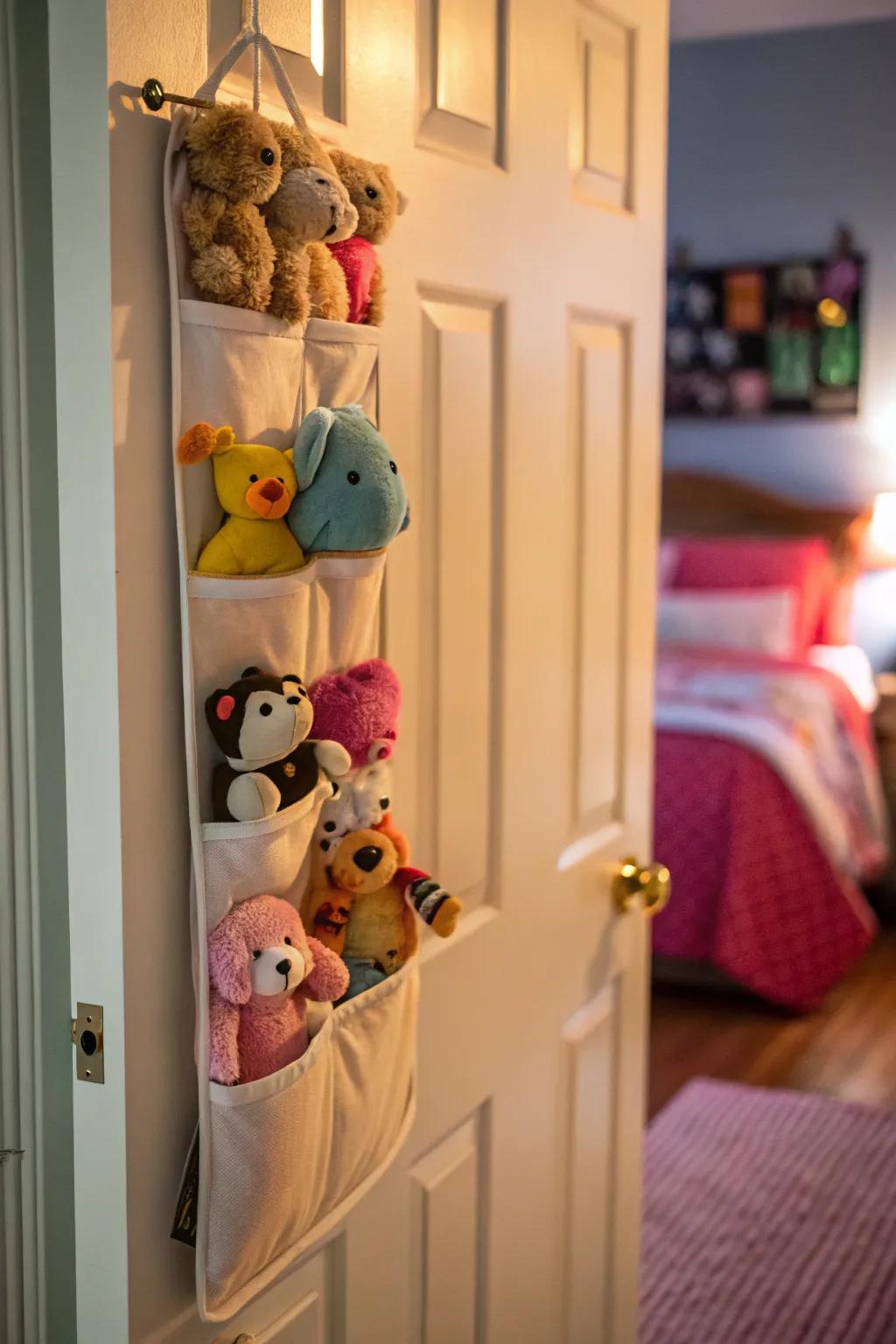 Door-attached organizers conserve space and keep playthings accessible.