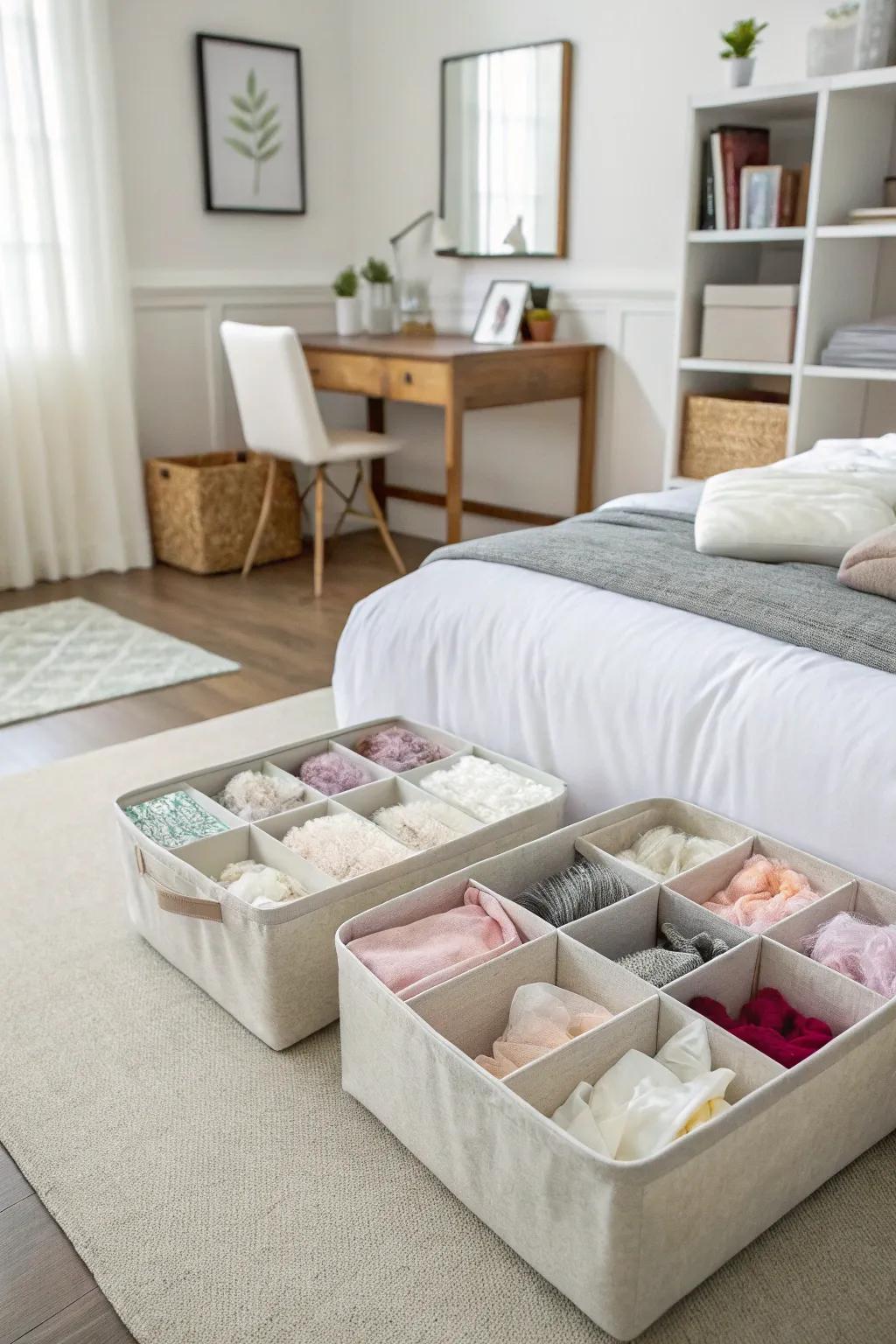 Sub-bed storage maintains tissue paper flatness and concealment.