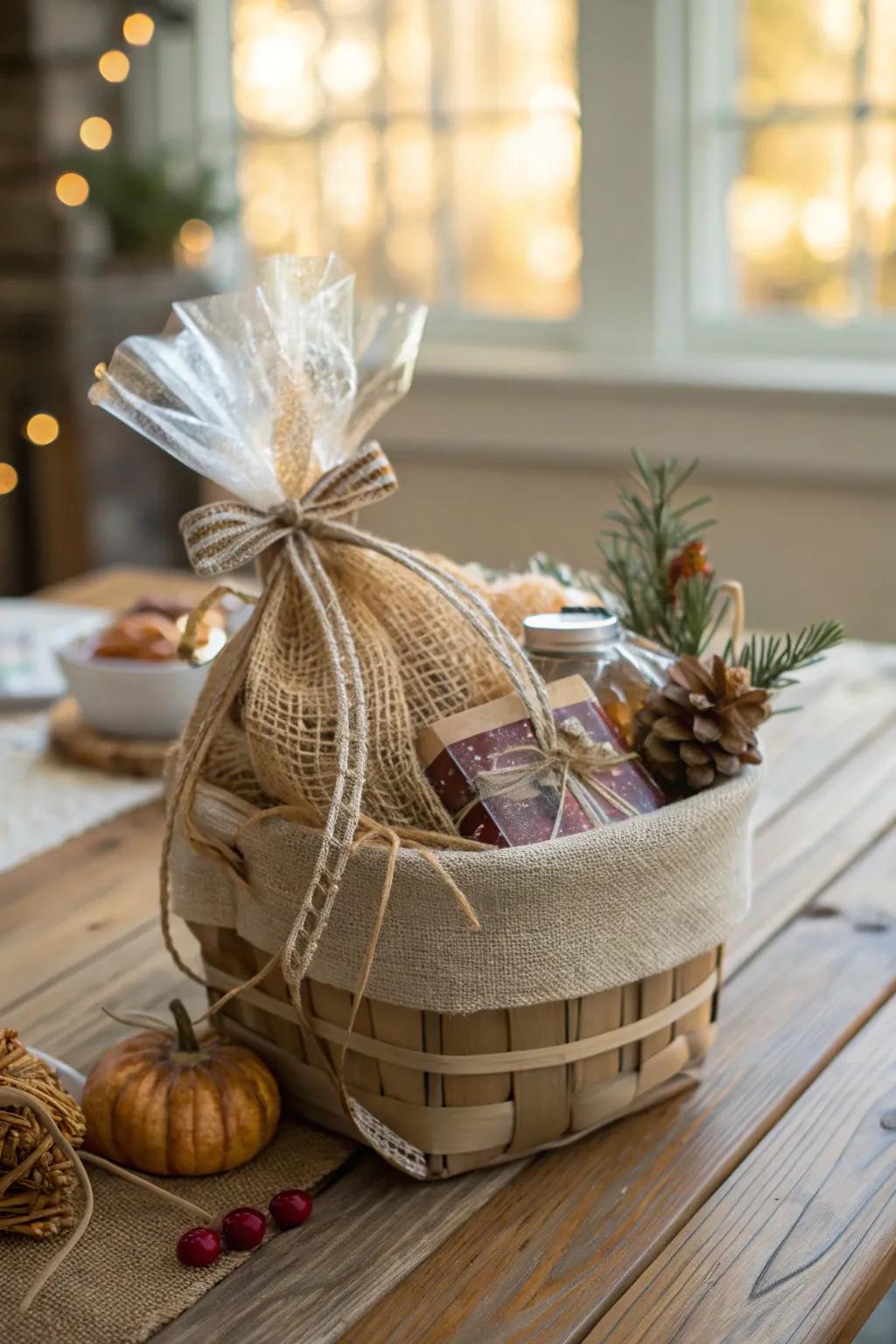 Burlap wrapping brings a rustic charm to any basket.