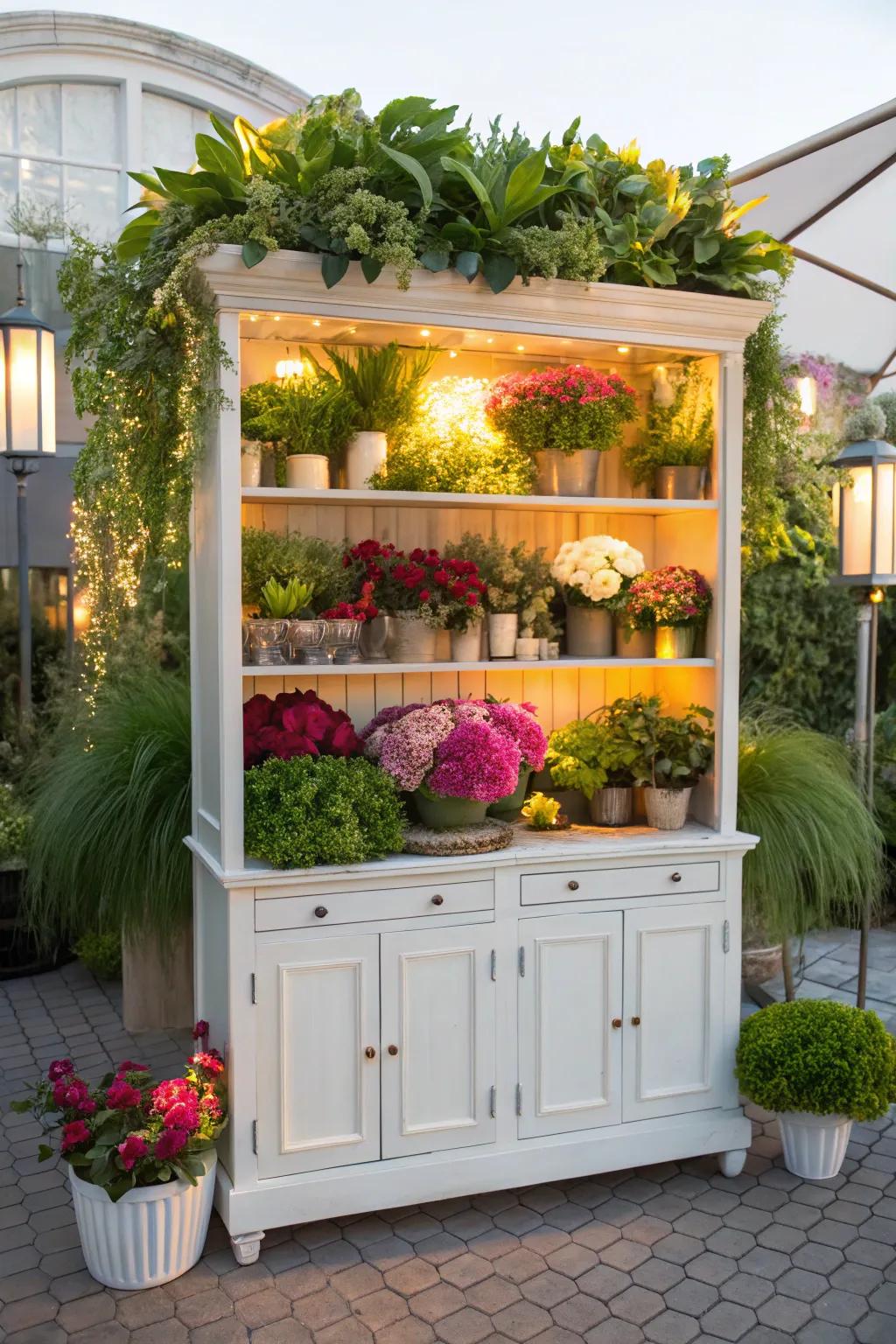 Lush greenery and blossoms revitalize this refined cabinet.
