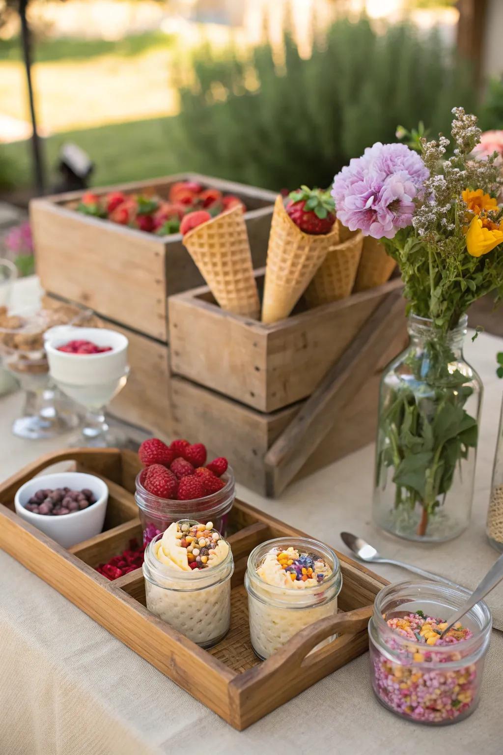 A countryside ice cream table that brings the beauty of nature to dessert time.