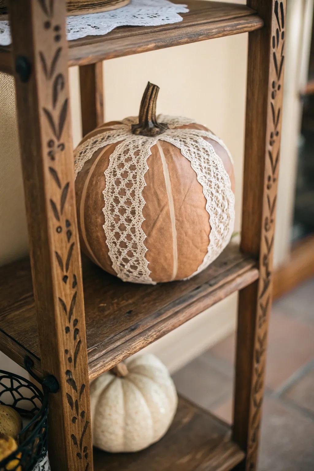 A lace-covered pumpkin lending a hint of elegance to any space.
