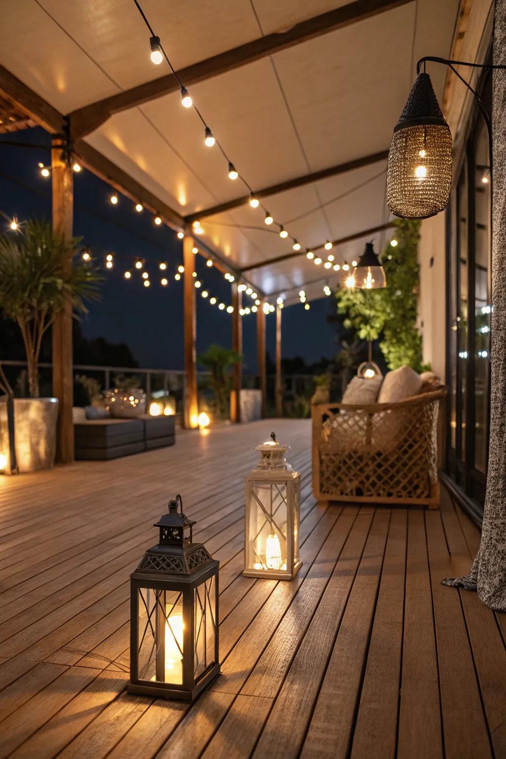 Lighting fixtures contribute a captivating shimmer to this indoor deck.