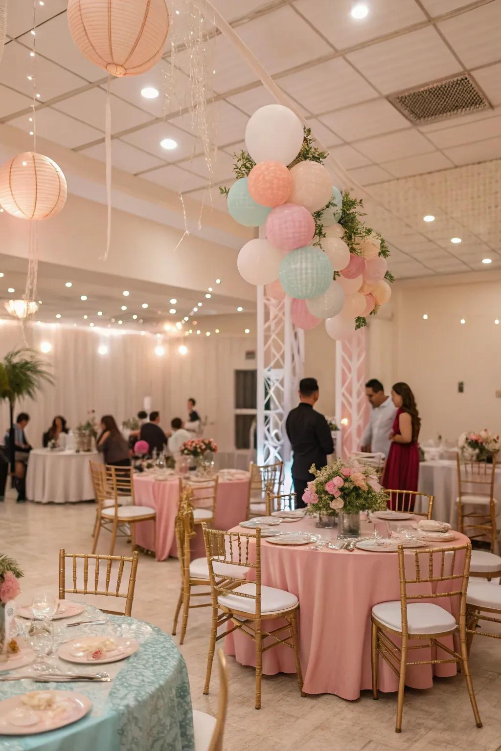 A dreamy indoor celebration featuring gentle decorations and table settings.
