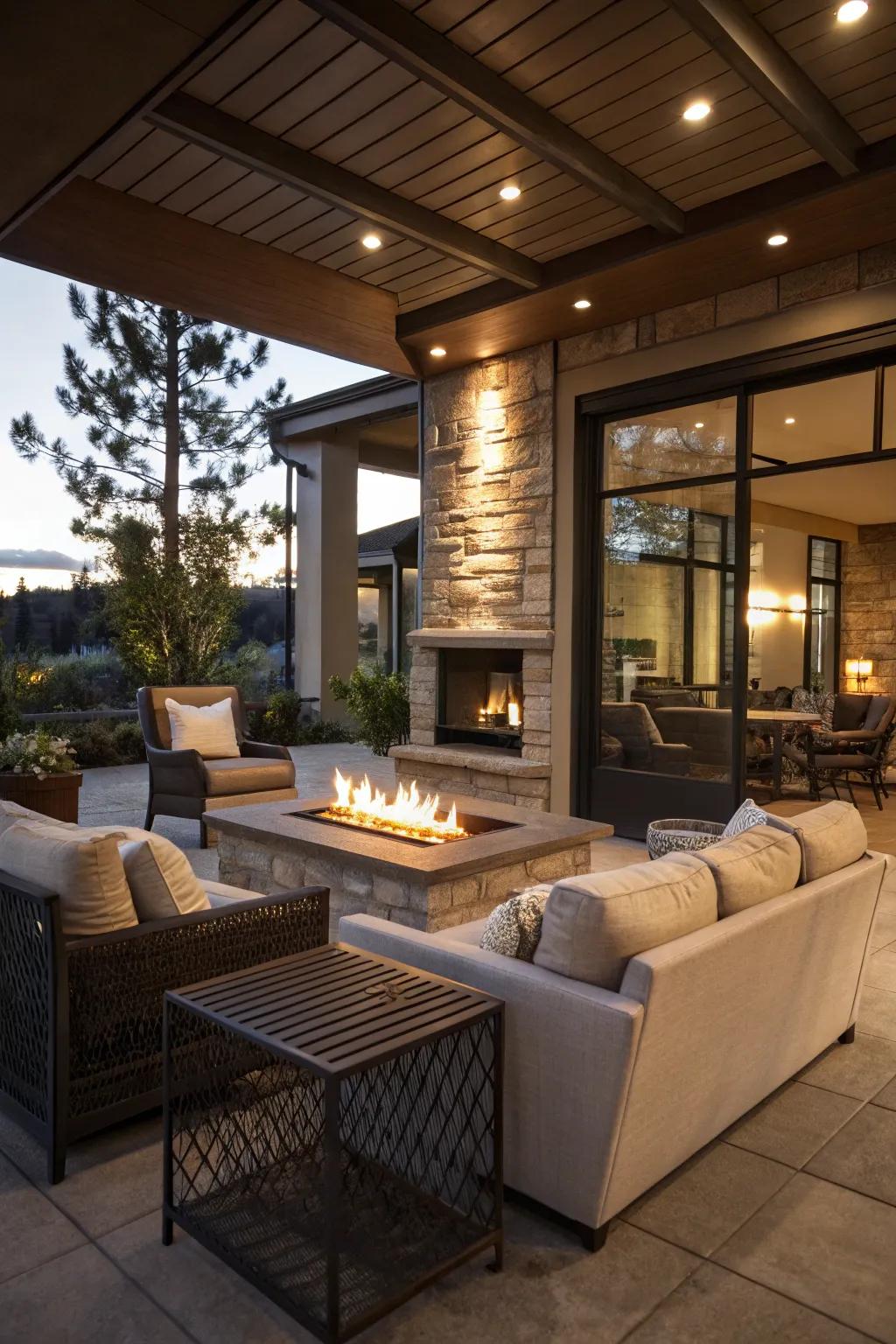 A fireplace brings warmth and ambiance to your indoor patio.