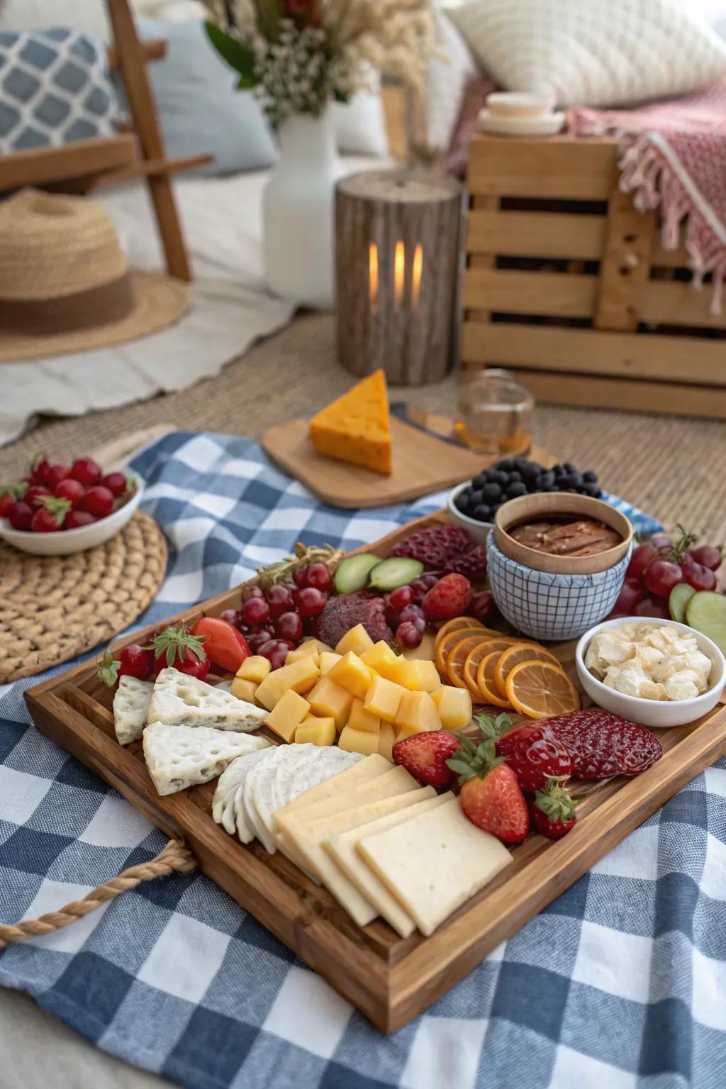 A striking charcuterie board as the centerpiece of an indoor picnic.
