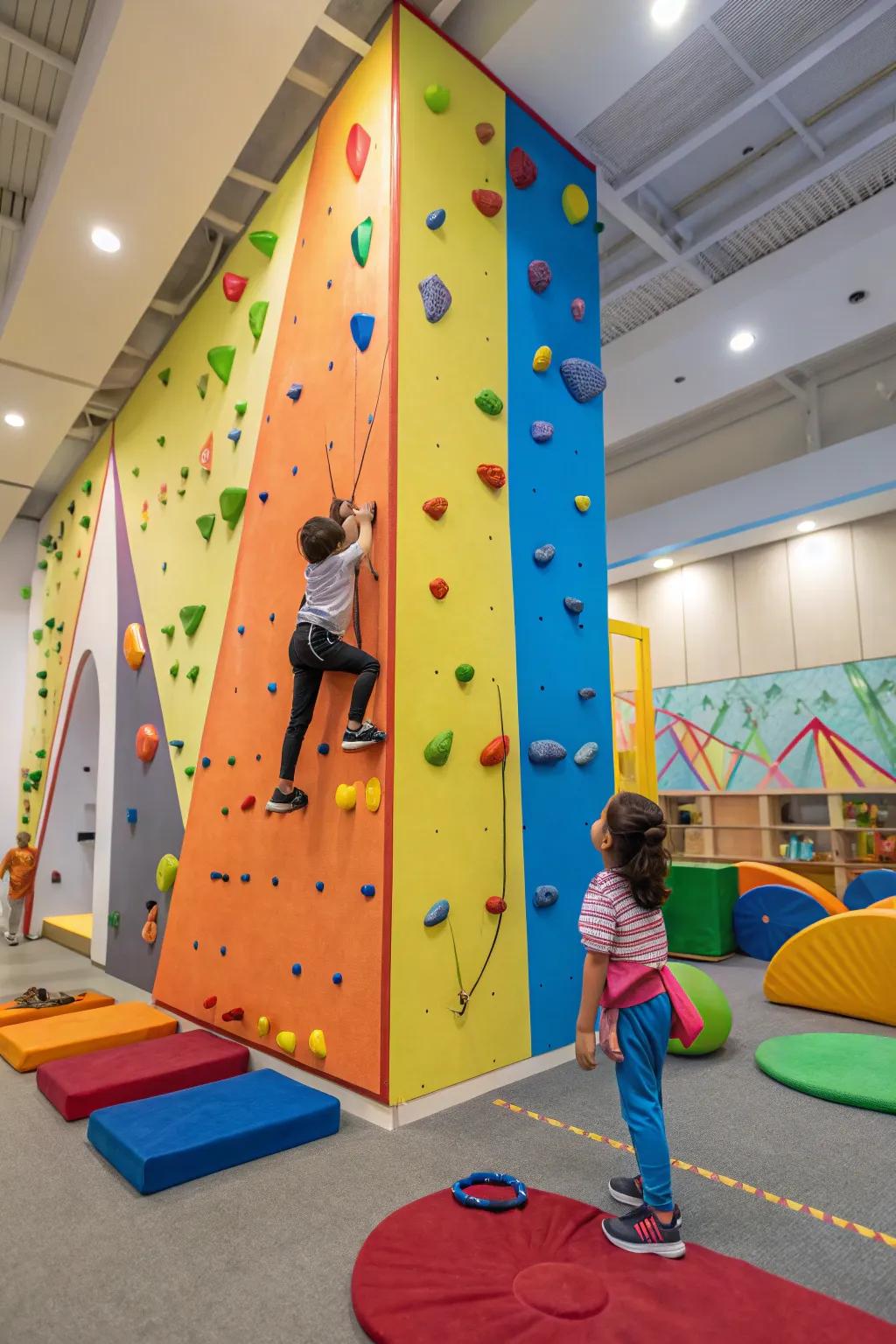 A climbing wall transforms a space into an adventure playground.
