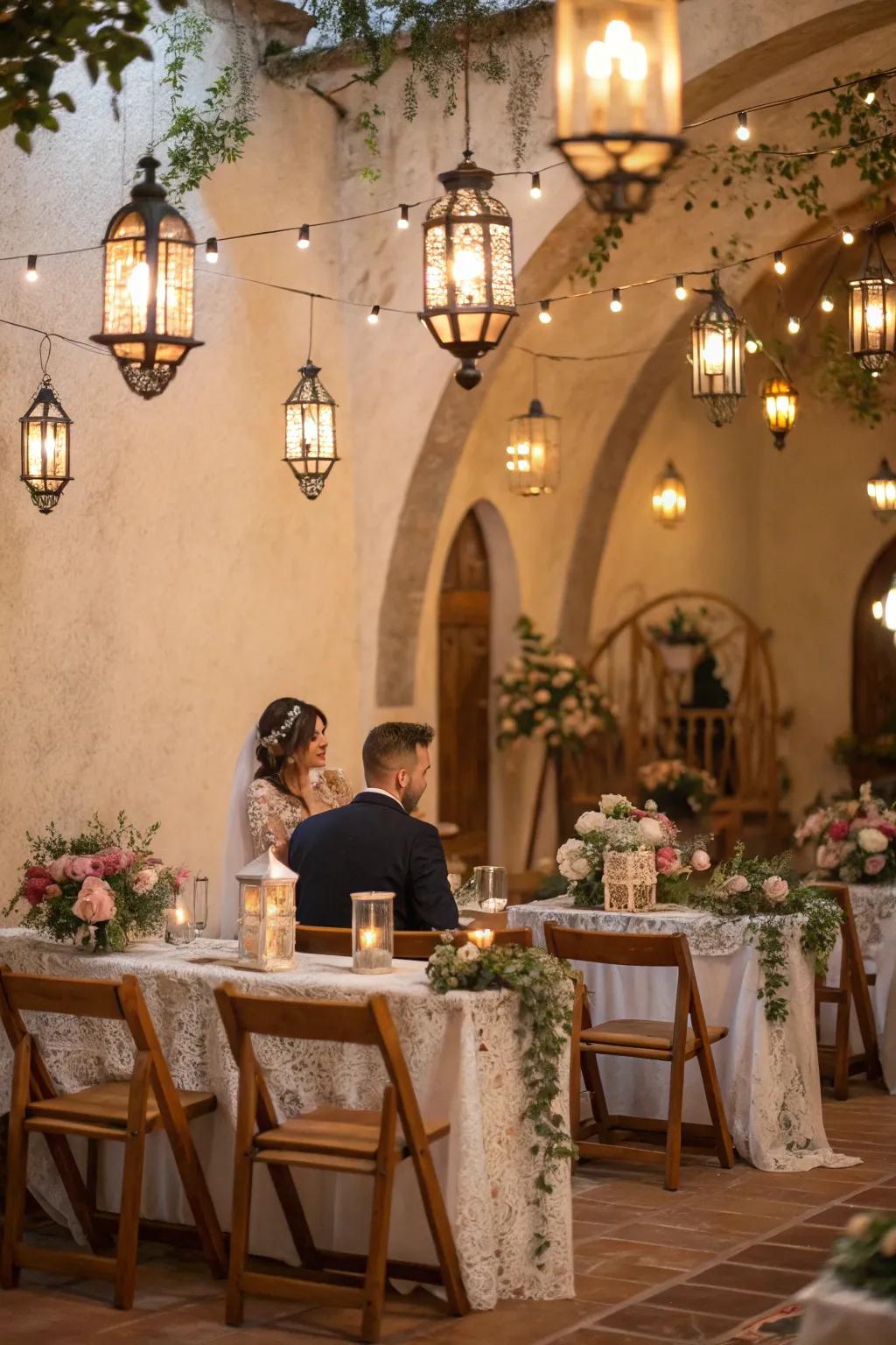 Vintage lanterns and bulbs add rustic charm to the wedding.