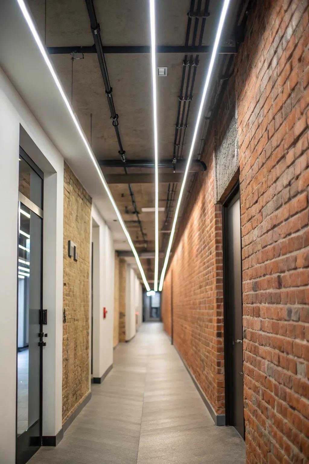 Urban loft hallway enhanced by linear LED lighting