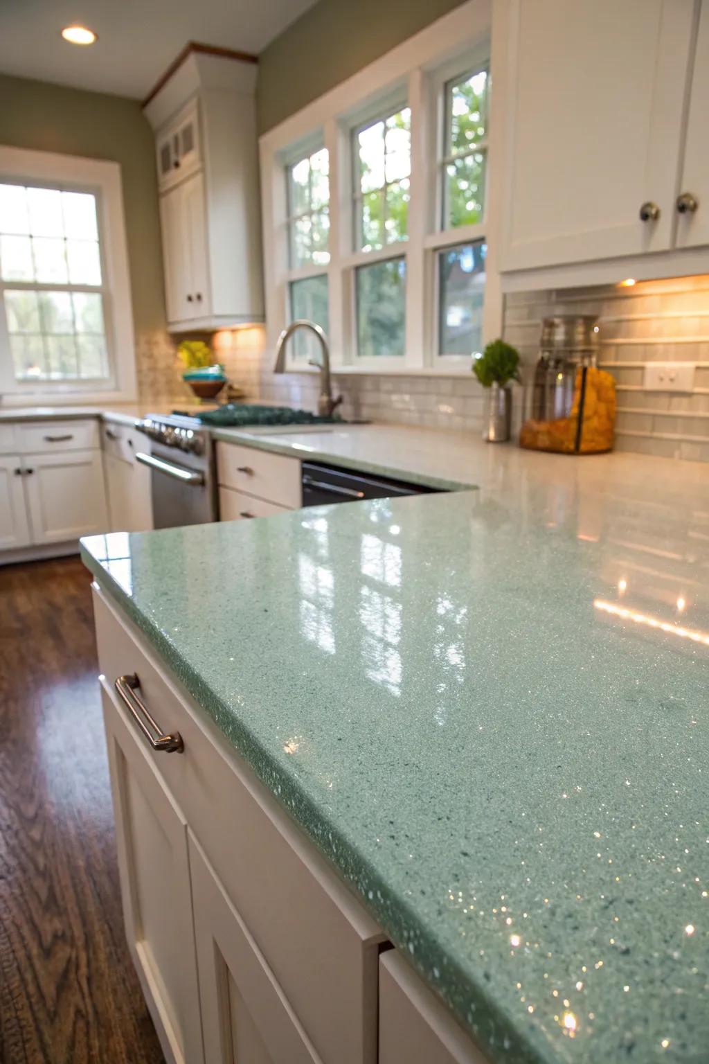 Reclaimed glass worktops present an eco-friendly and unique kitchen alternative.