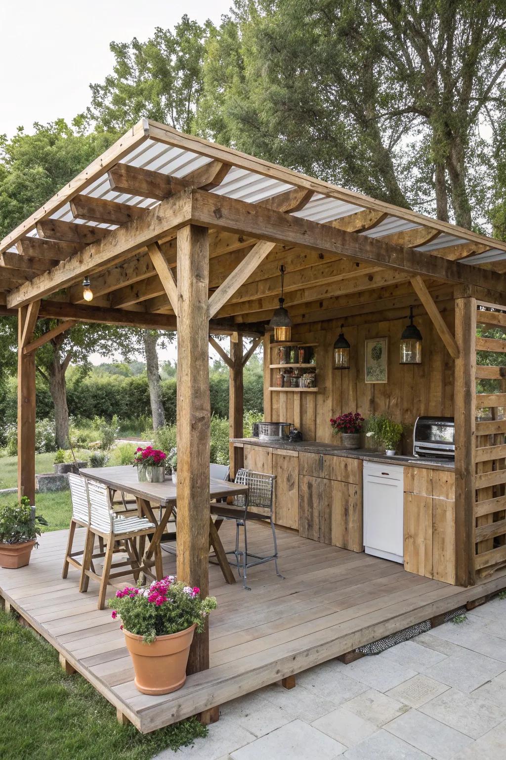 An eco-conscious pavilion made from recycled pallet wood.