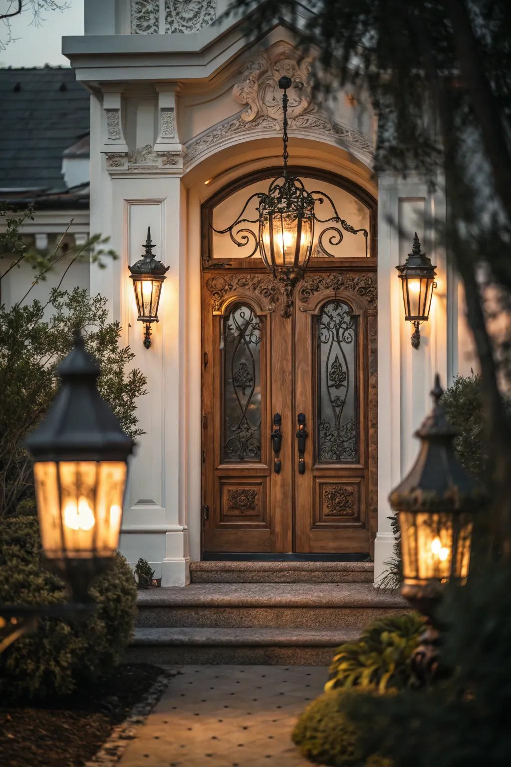 Lanterns lend a timeless elegance to this recessed doorway.