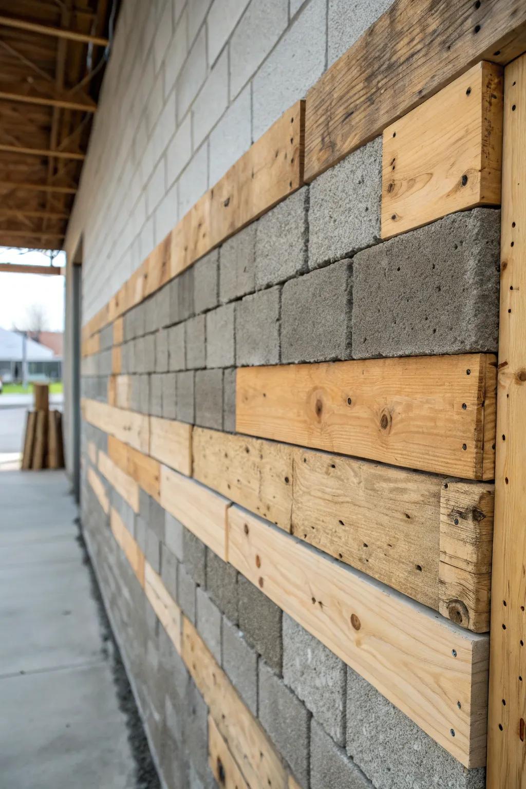 Reclaimed wood cladding introduces a warm feeling to a concrete block wall.