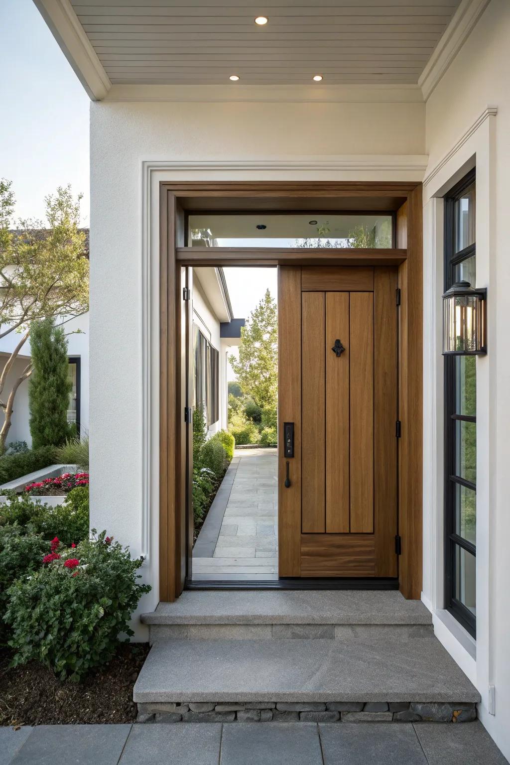 A modern entryway featuring stylish trim framing a welcoming door.