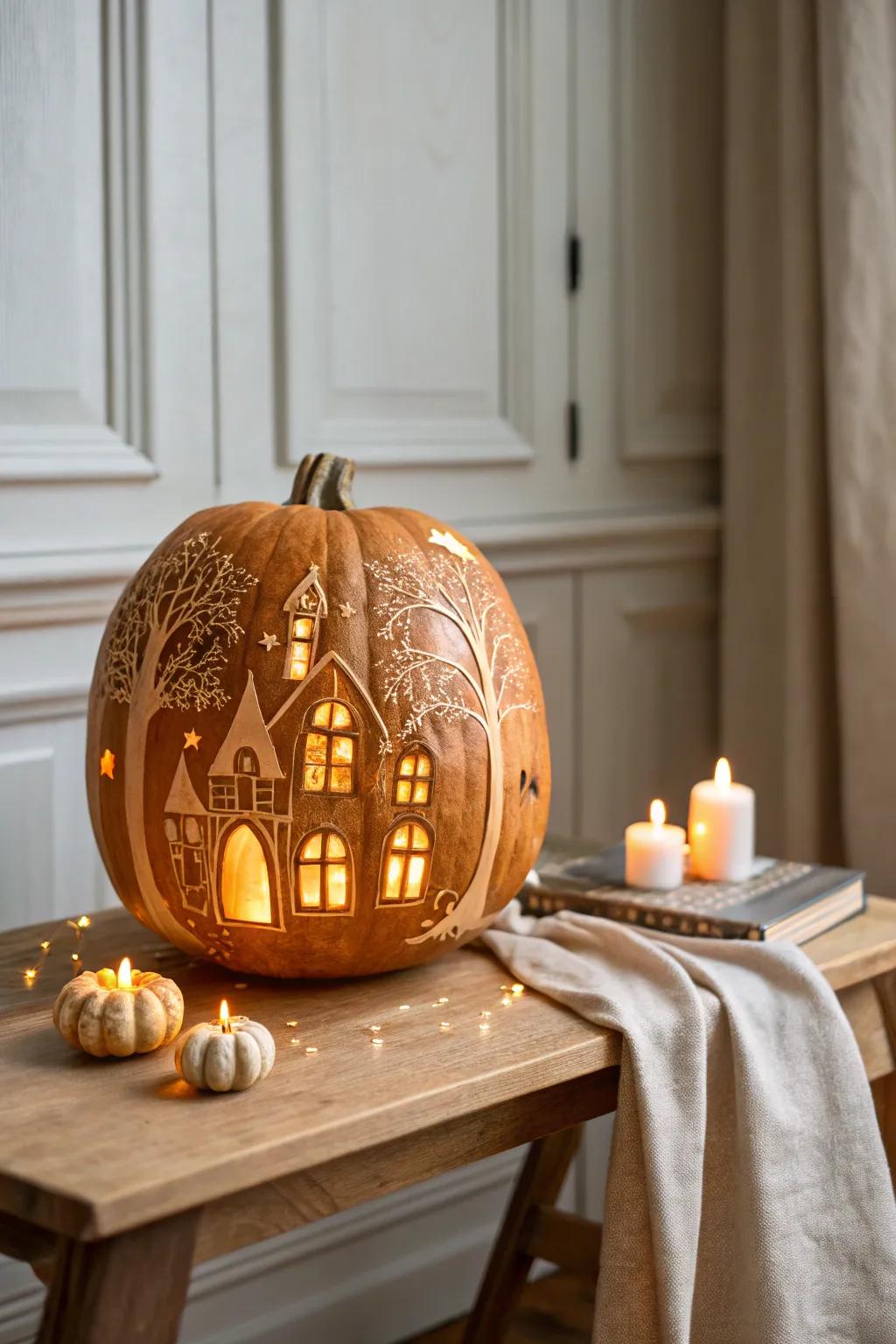 Infuse a hint of spooky sophistication into your decorations with this charming eerie abode pumpkin.