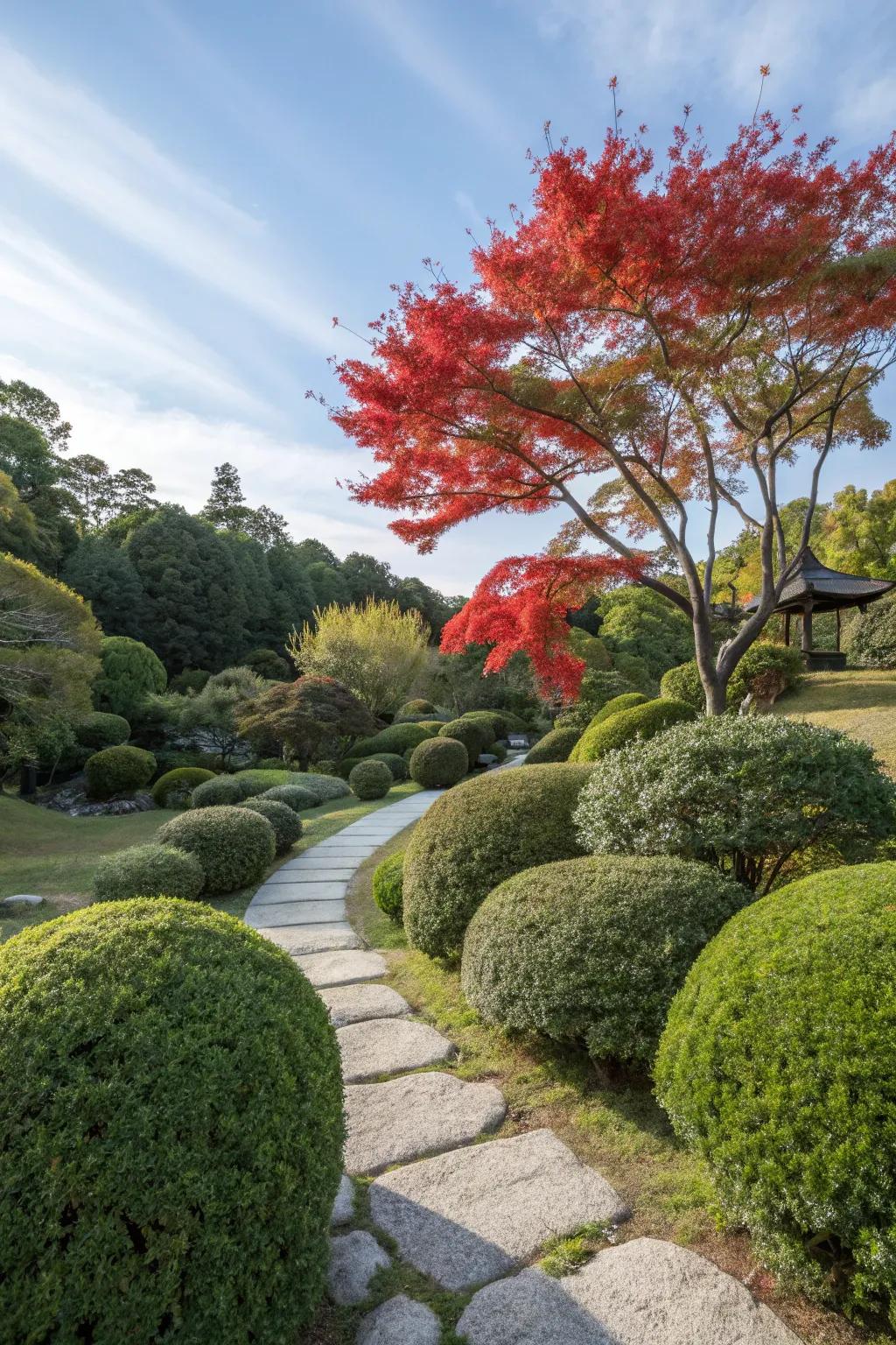 Luxuriant verdure and a lively maple tree in a Japanese garden.
