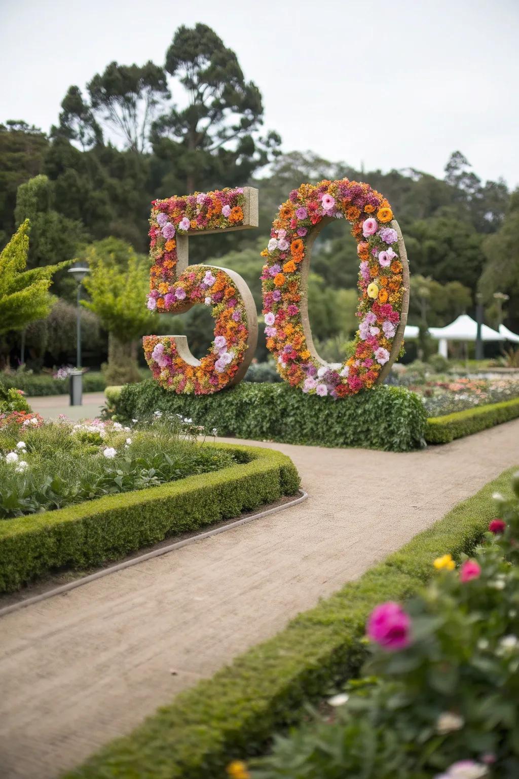 Sizable ornamental numerals '50' crafted from flowers.