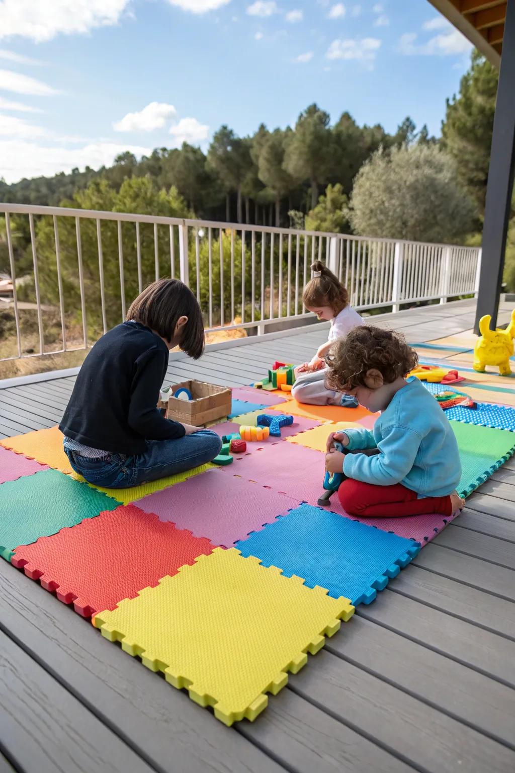 A deck covered with bright cushioned mats where children are sitting and playing with toys.