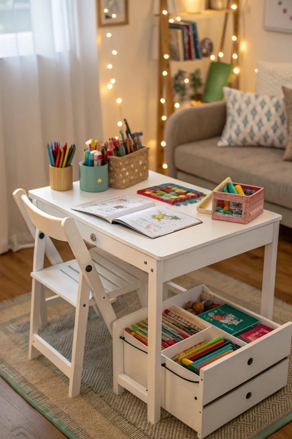 An adaptable table that functions as both a study and play area.