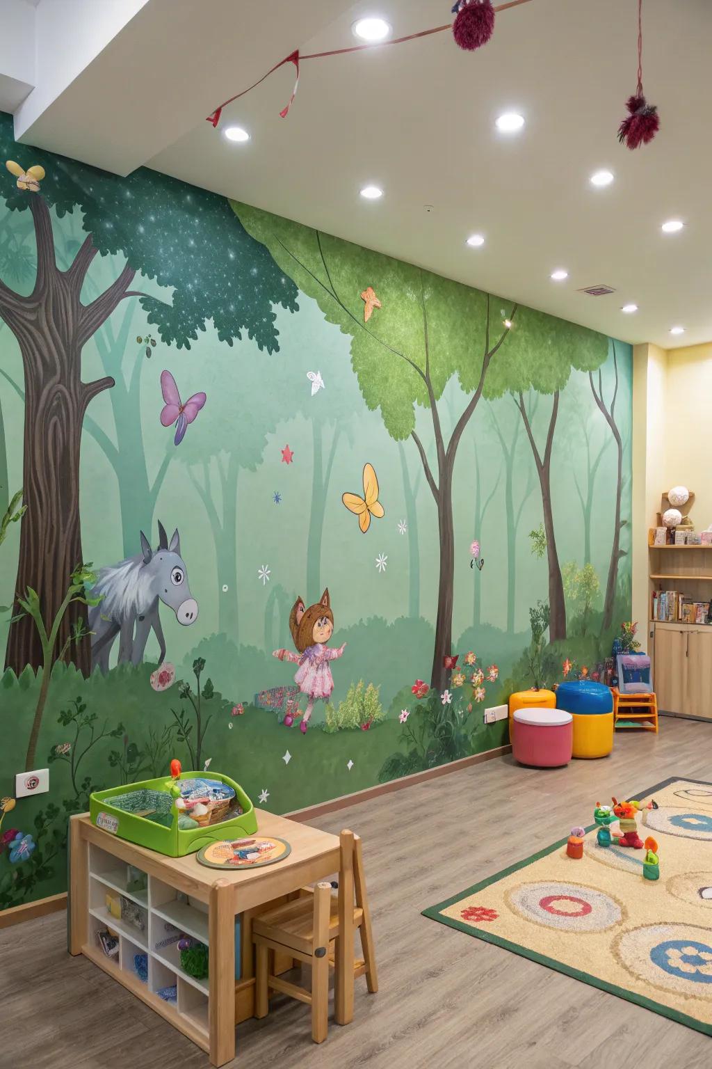 A playroom transformed into a magical forest with whimsical wall covering.