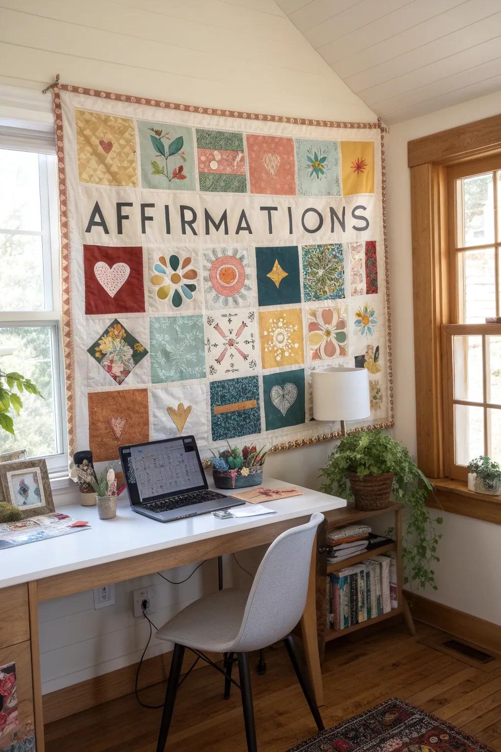 A home office highlights a kindness patchwork bulletin board featuring colorful squares and declarations.