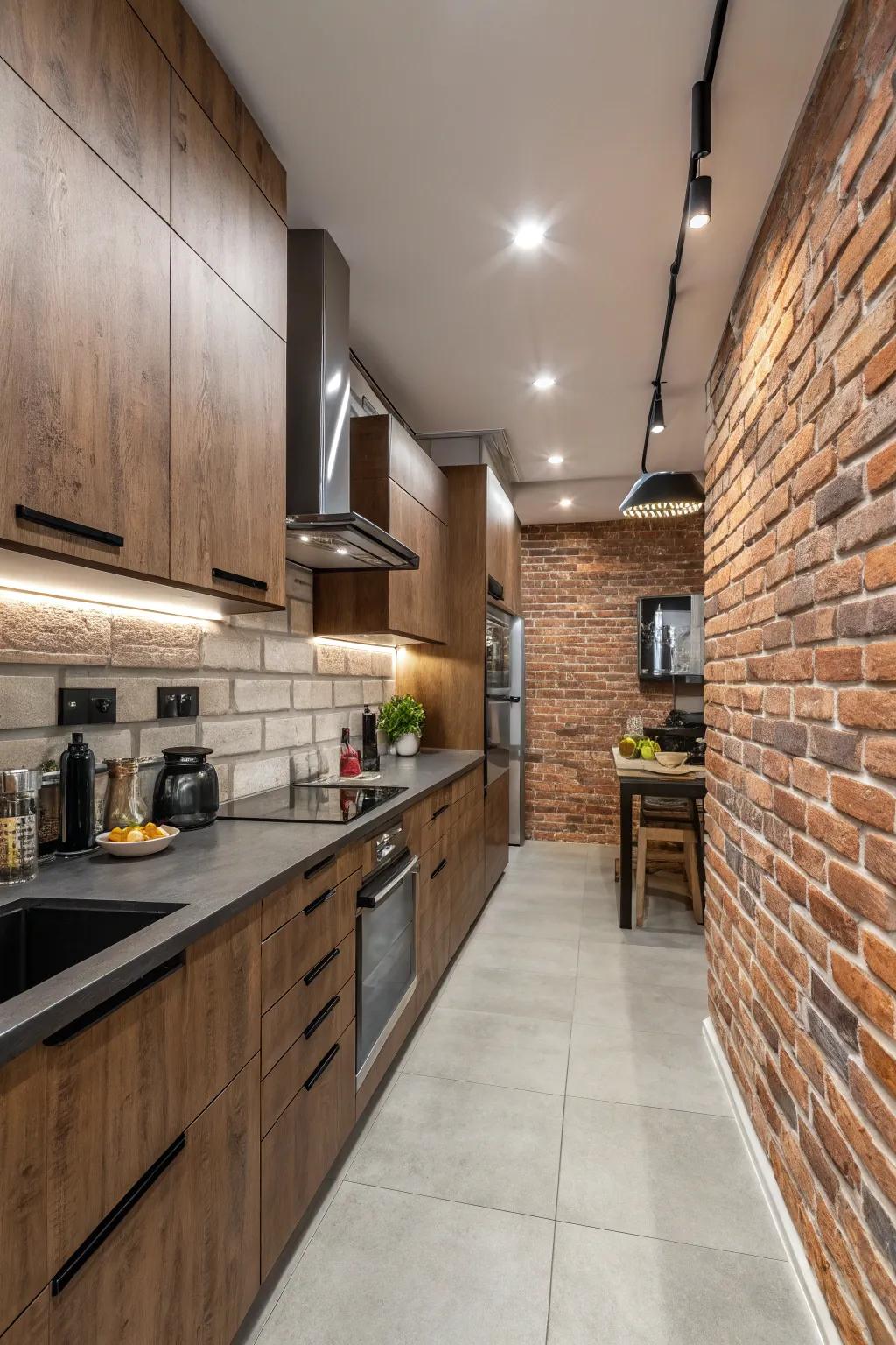 Faux brick panels introduce industrial charm to your kitchen without the mess.