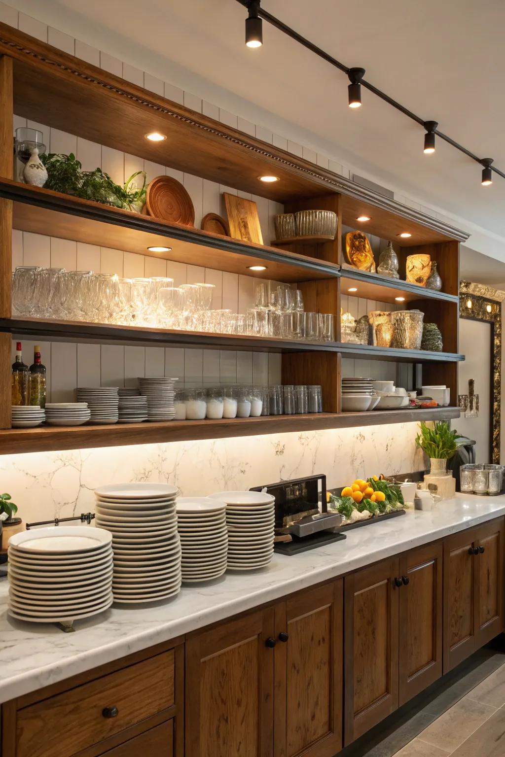 Display shelves enhance storage and add personal touches to your bar.