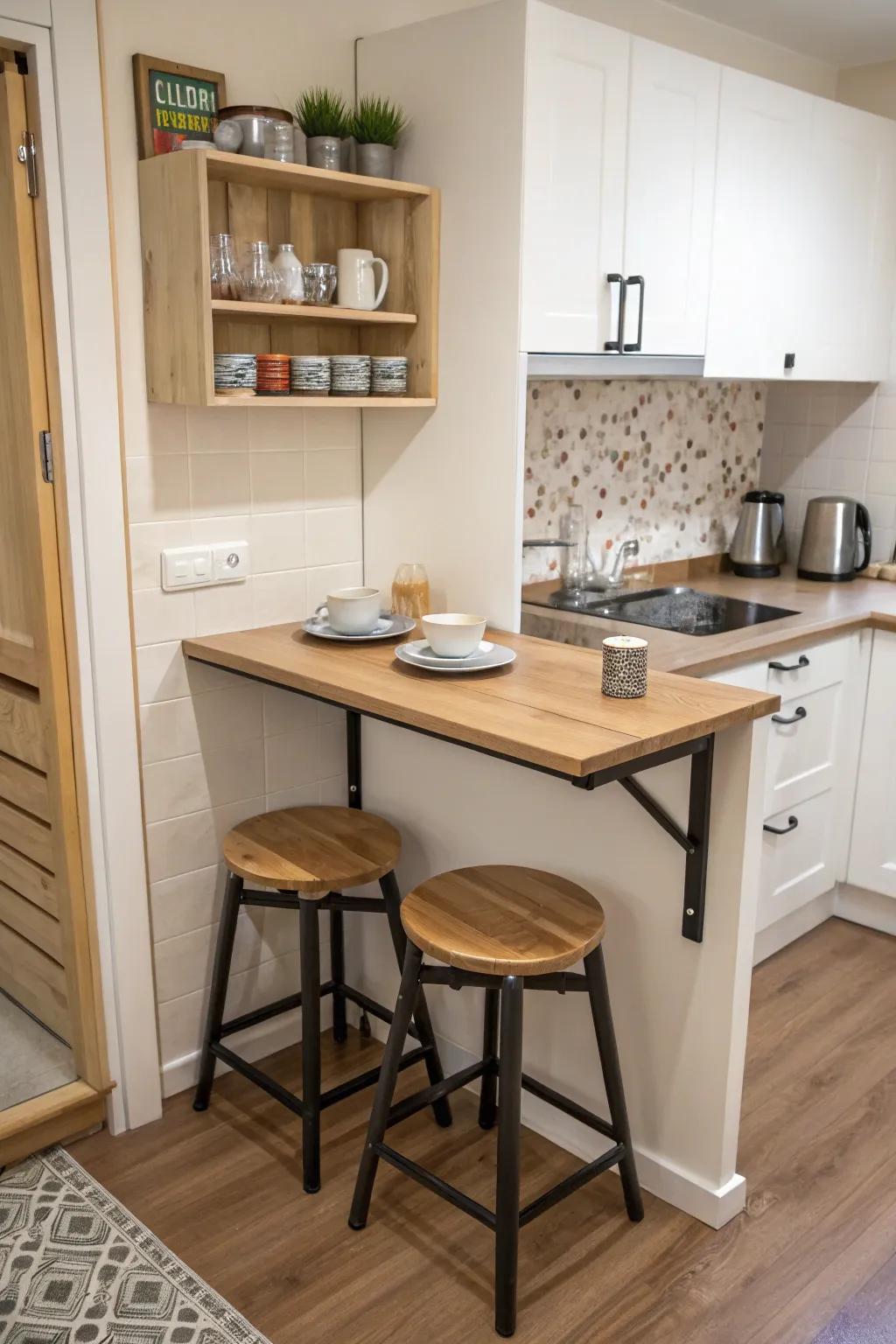 A fold-down table delivers versatility in a small kitchen.
