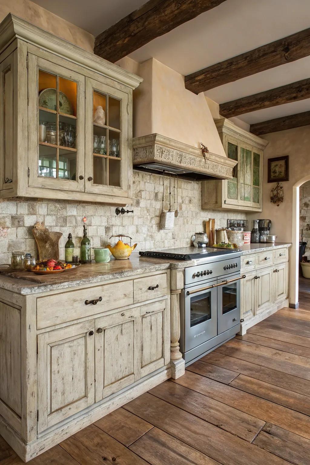Weathered surfaces fill your cooking area with country charm and distinctiveness.