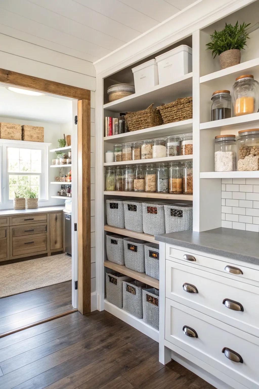 A corner pantry optimizes storage in compact spaces.