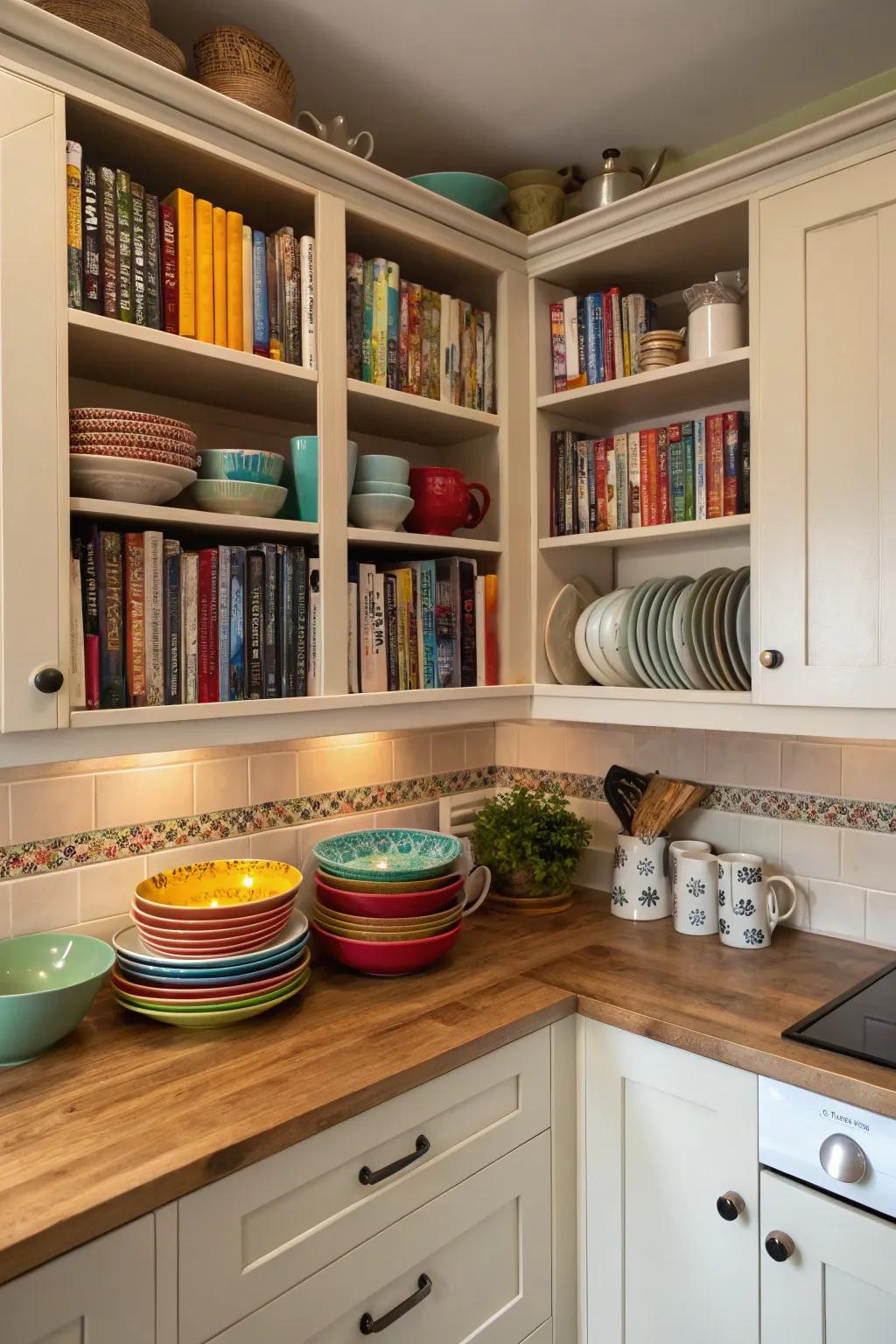 Beveled cabinets add style and functionality to kitchen corners.
