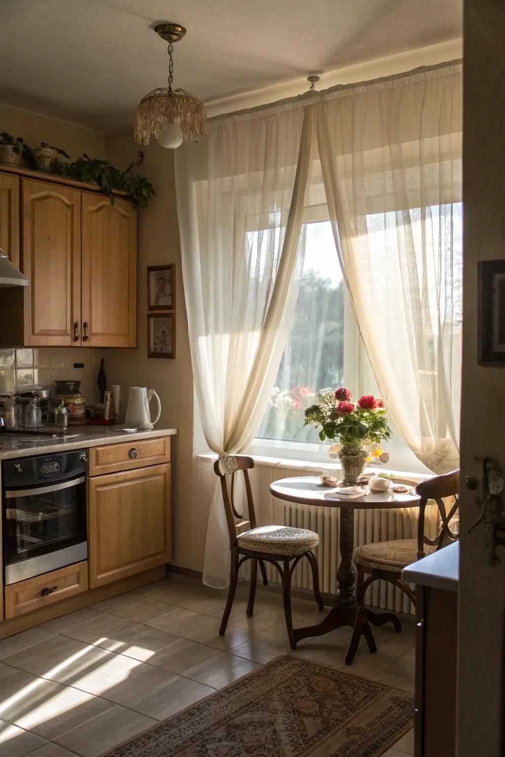 Thin curtains establish an open and airy kitchen setting.
