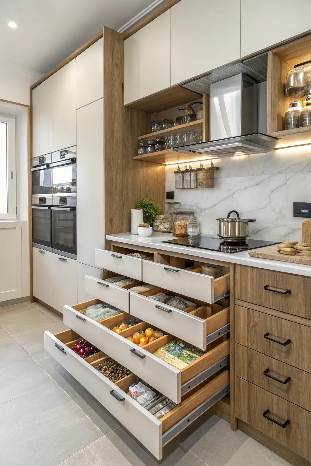 Practical storage solutions maintain an orderly and efficient kitchen.