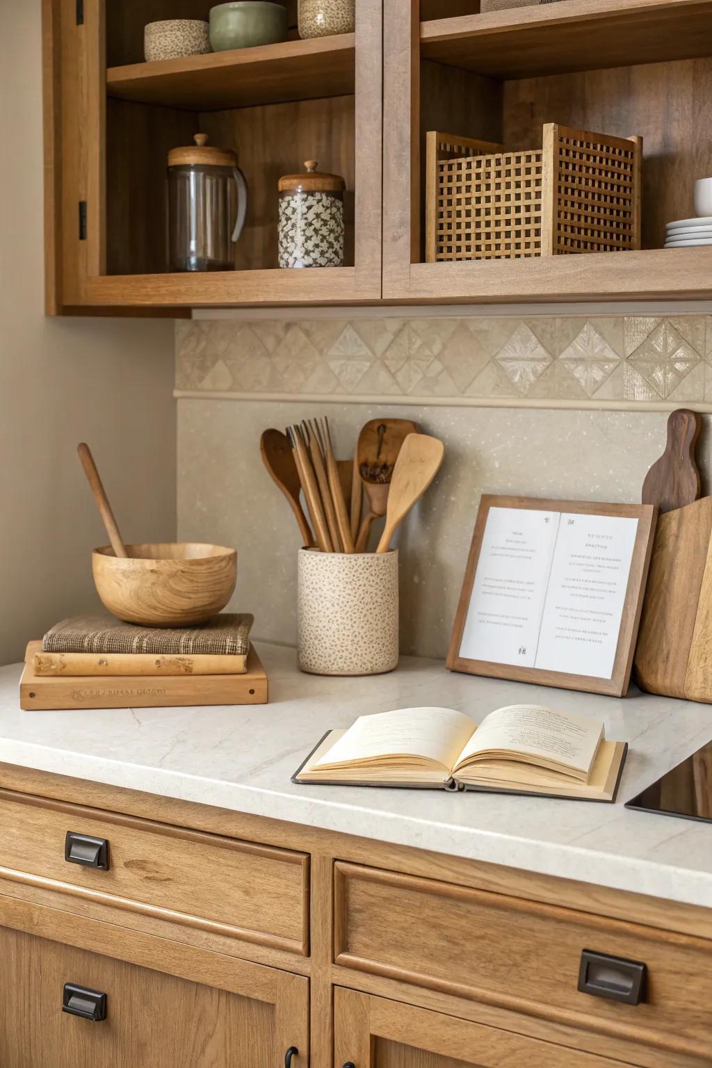 A kitchen desk space featuring a neutral hue palette that complements the overall kitchen aesthetic.
