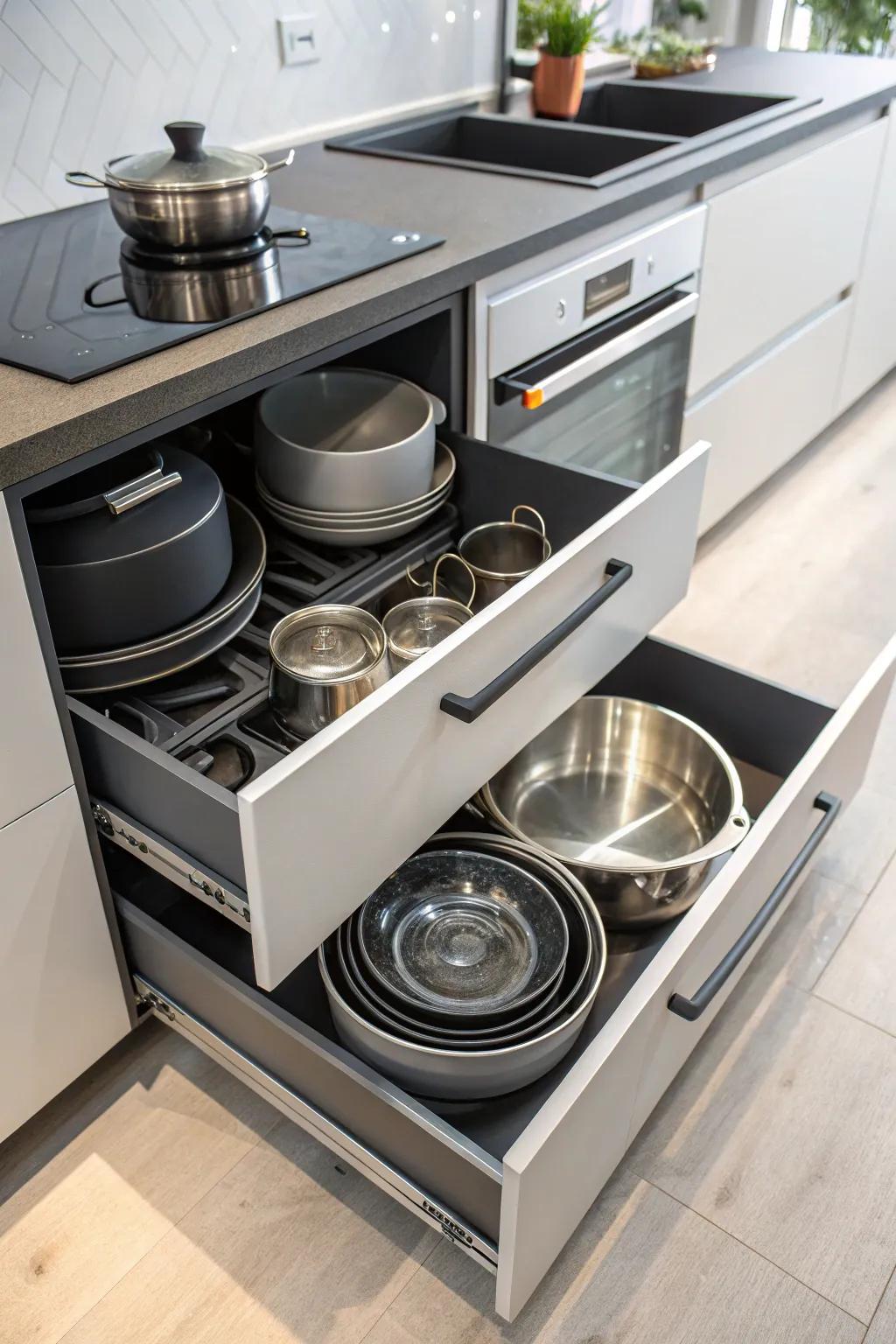 Store your bulky cookware effectively with deep kitchen drawers.