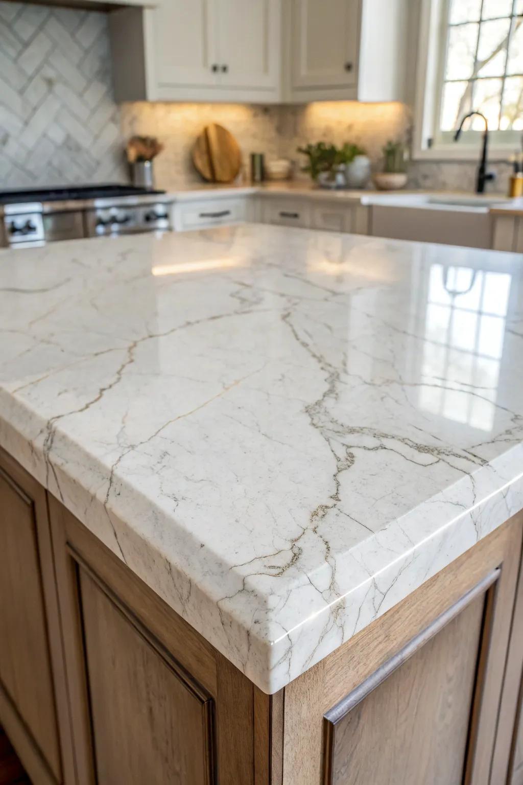 Elegant marble introduces opulence to the kitchen island.