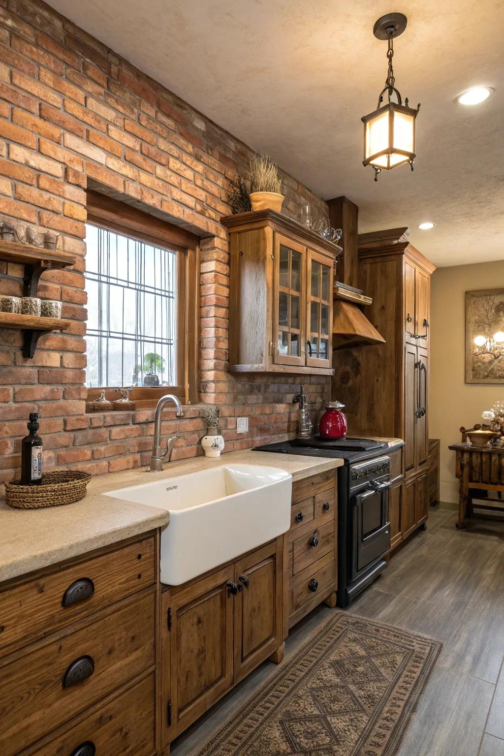 Brick paneling offers country appeal to the kitchen.